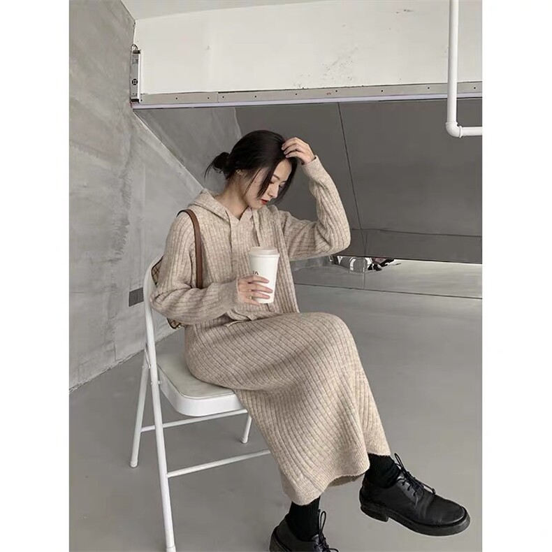 中长款宽松过膝连衣裙慵懒风加厚连帽毛衣针织打底衫,女装连衣裙,思途羊绒