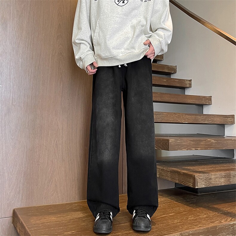 直筒牛仔裤M~8XL特大码宽松美式vibe潮牌抽绳拼接裤子NZ9002/P55，男装牛仔裤，电商B238