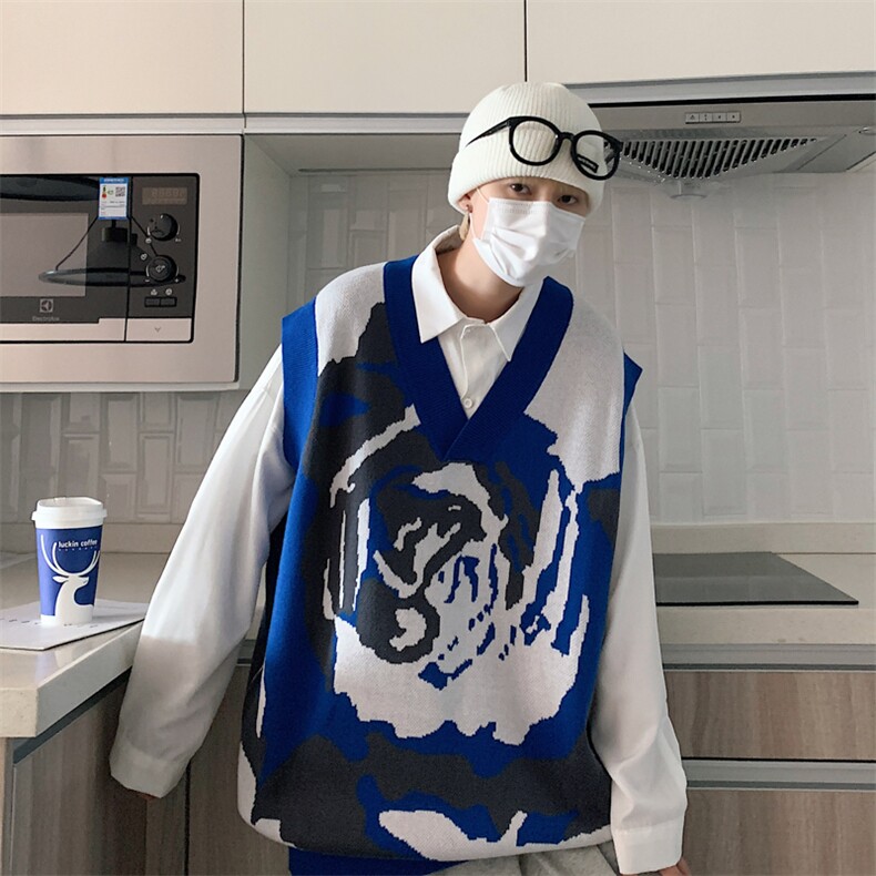 玫瑰抽象艺术V领无袖毛衣背心男秋季潮宽松休闲针织衫M597-P37,男装背心/马甲,星座512-2