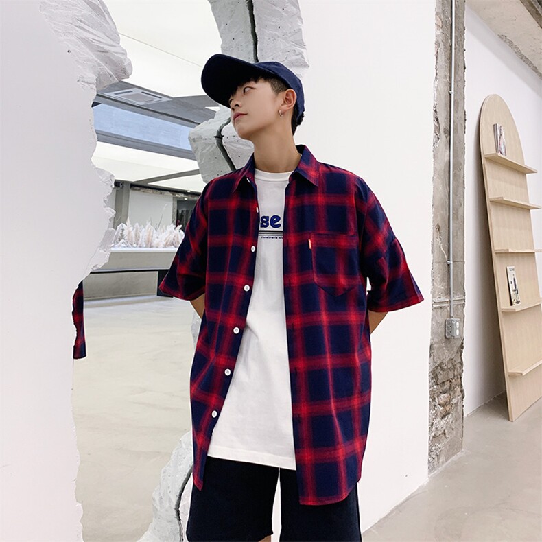 夏季日系原宿格子短袖衬衫男港风宽松半袖上衣TX015-P35,男装衬衫,电商A128