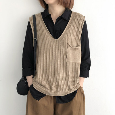 短款套头针织马甲背心冬季宽松大码女装纯色毛衣马夹V领坎肩上衣,女装马甲,洁纯羊绒