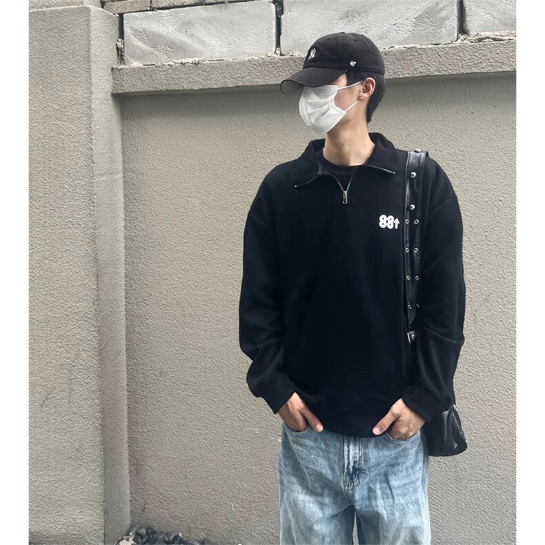抖音得物美式全棉可翻领立领卫衣半拉链印花外套卫衣A1101,女装短外套,电商A443