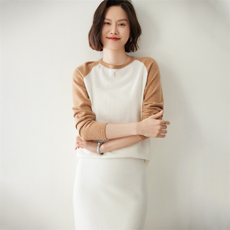 时尚拼色插肩圆领女士羊绒衫舒适保暖显瘦设计,女装羊绒衫,迎冬羊绒