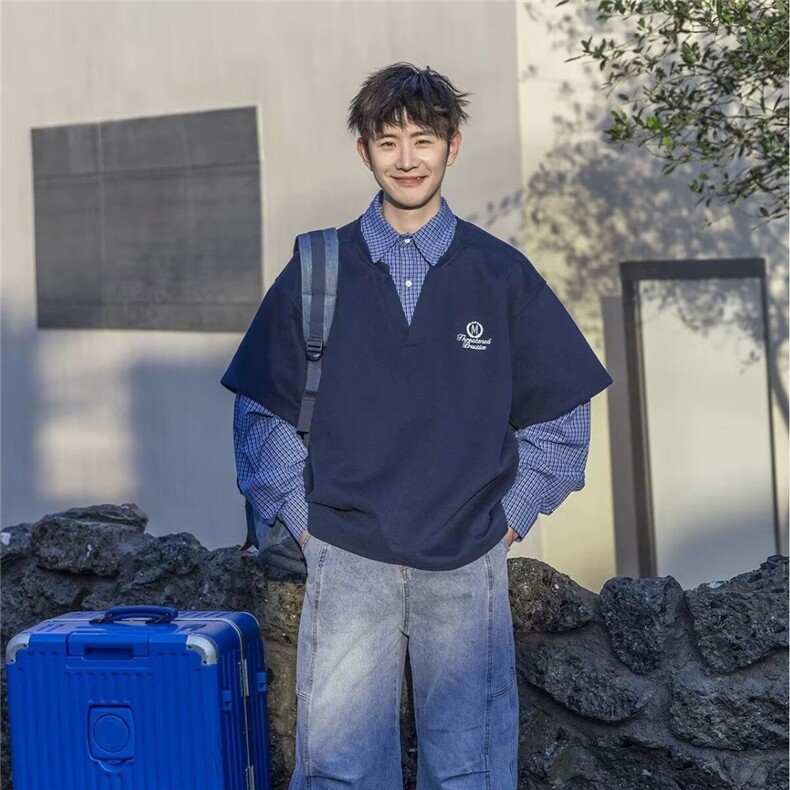 日系复古假两件格子长袖衬衫男秋季新款痞帅拼接卫衣男士宽松外套,男装衬衫,星座506A