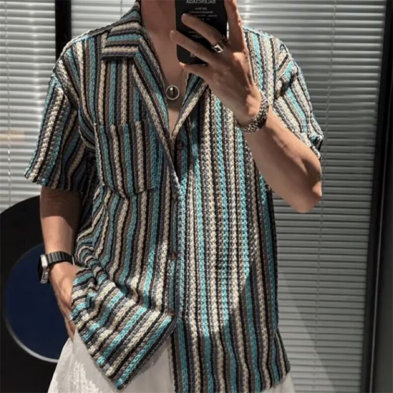 W498-P50夏季设计感日系复古镂空条纹口袋短袖衬衫半袖衬衣,男装衬衫,星座911-1
