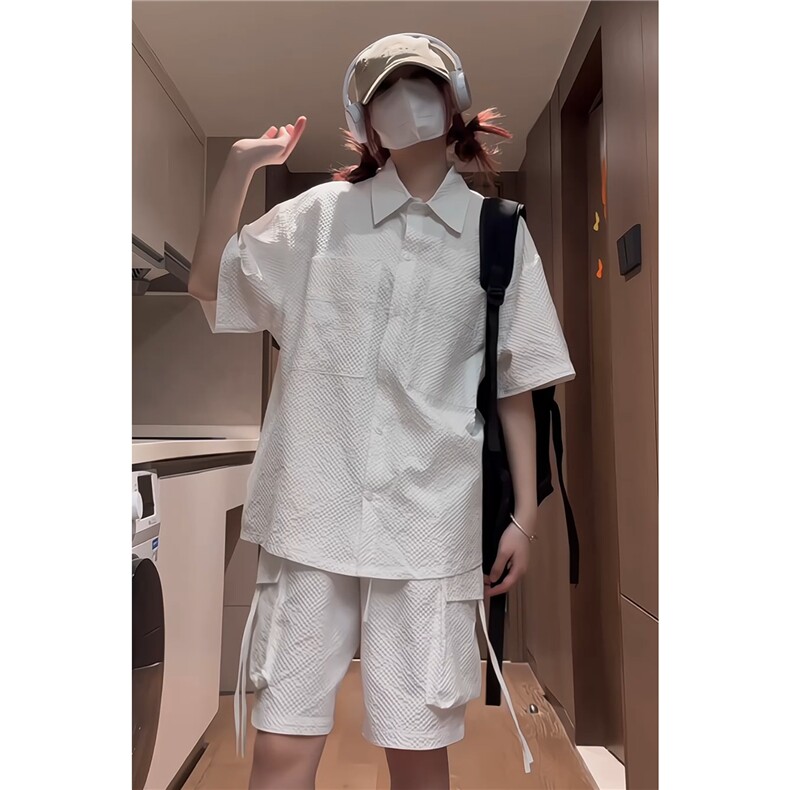 新款衬衫宽松休闲男士夏季上衣短裤痞帅短袖衬衣套装薄款TZ07/P70图片