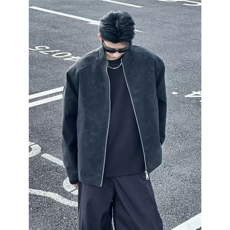 飞行夹克立领拼接美式高街短款棒球服男春秋潮牌pu皮外套,男装夹克,星座1210-1