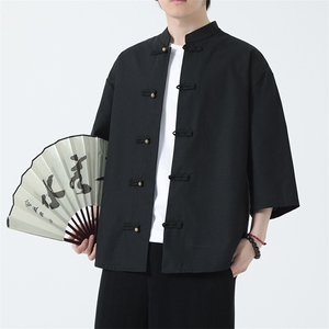 风夏季新款亚麻衬衫男五分袖衬衣短袖T952-P60图片