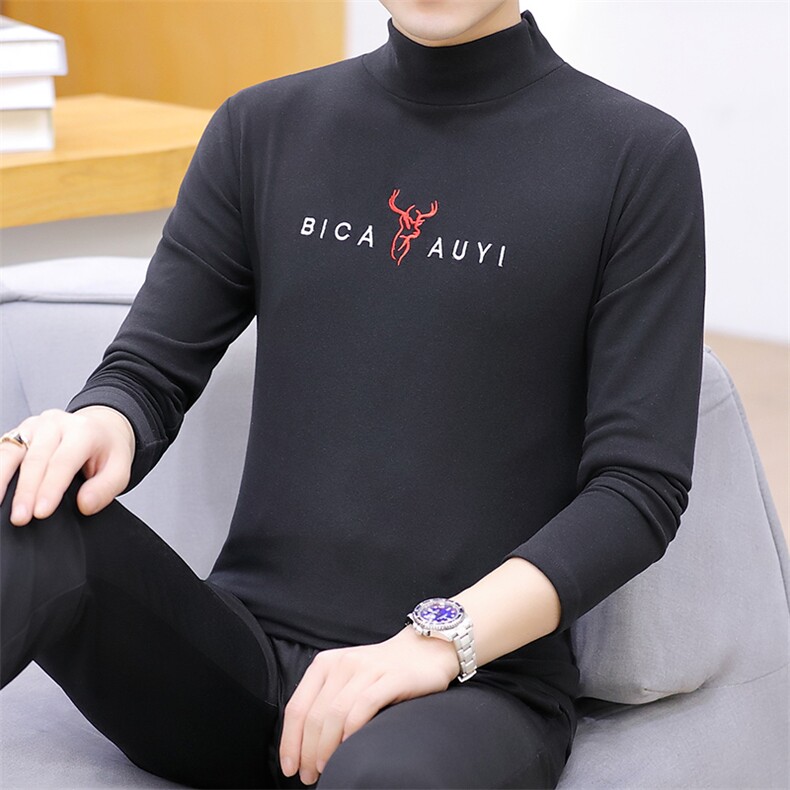 冬季半高领双面绒刺绣小鹿卫衣男加绒加厚保暖打底衫长袖黑335P28，男装卫衣，星座1207