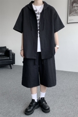 TZ793-特55控98新款速干肌理感连帽男短袖衬衫六分裤大码套装，男装T恤，电商A059