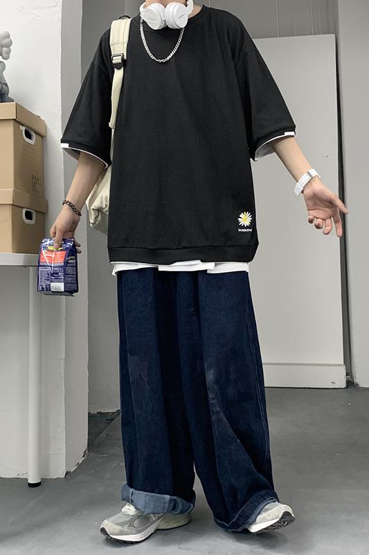 港风T恤宽松假两件刺绣五分袖，棉XZ1213-T1-P30,男装T恤,星座1213