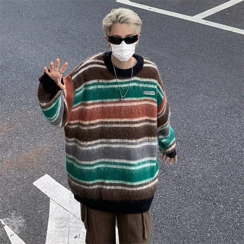 日系宽松慵懒风毛衣男2024春秋季条纹针织衫港风宽松情侣线衣,男装针织衫/毛衣,星座716-2