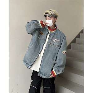 2024新款立领做旧牛仔外套贴布机车赛车服夹克上衣现货 W8429-P76图片