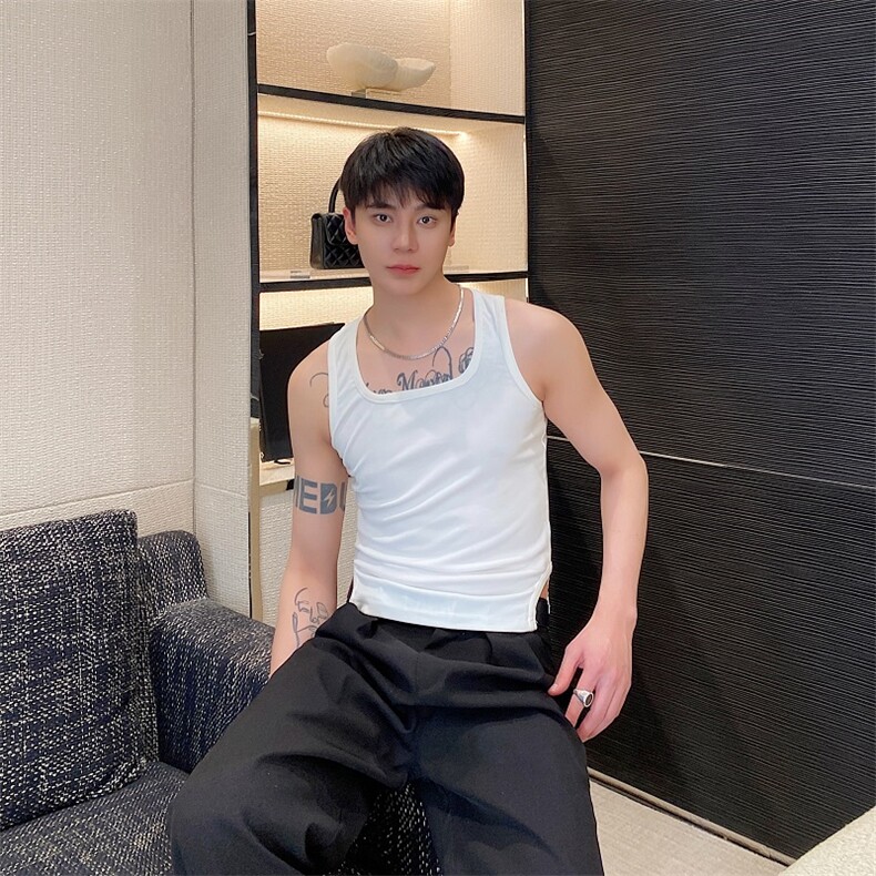 夏季个性方领弹力紧身背心短款针织无袖坎肩,男装T恤,电商A246