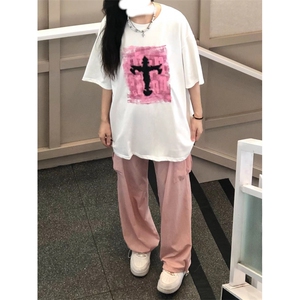 美式复古vintage螺纹小领口短袖t恤宽松潮牌潮流情侣半袖图片