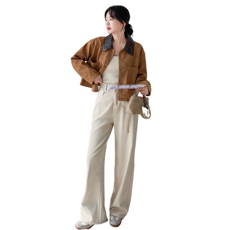 棕色拼皮翻领短外套女早秋2025新款韩系chic别致休闲甜酷减龄夹克,女装短外套,2C316