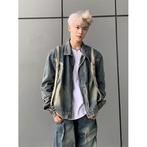 春秋美式高街复古拼接感宽松牛仔外套男女款做旧工装痞帅机车夹克图片
