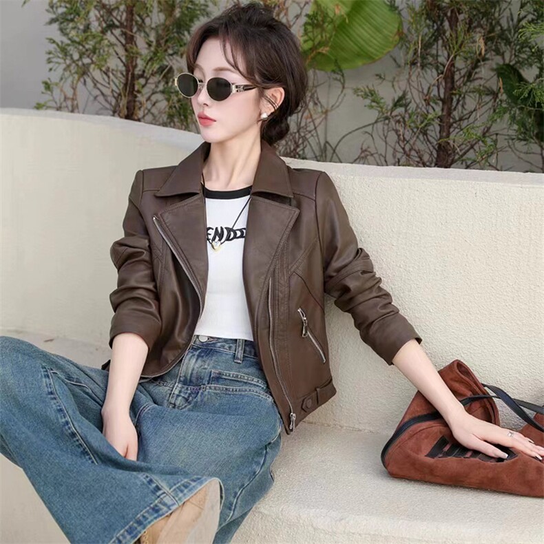 时髦小皮衣外套女2024春秋新款小个子修身显瘦复古PU皮夹克机车服,女装皮衣,跑量工厂店