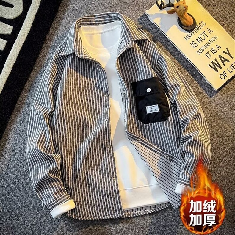 1506-1/JXXF0321/P59日系复古条纹衬衫男长袖加绒时尚外套男女,男装衬衫,星座1506-1