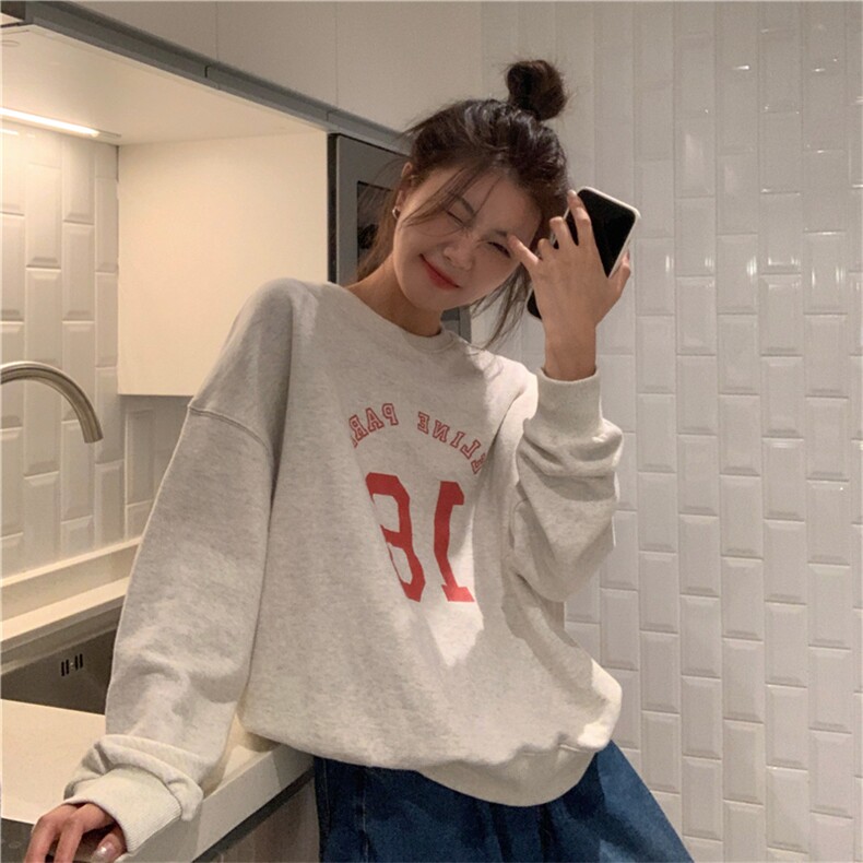 Q0229-P45 藏青色春秋韩版字母印花百搭宽松休闲长袖卫衣女图片