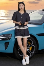 慵懒风时尚减龄套装女夏新款圆领花边设计短袖上衣阔腿短裤两件套，女装套装/套裙，江南