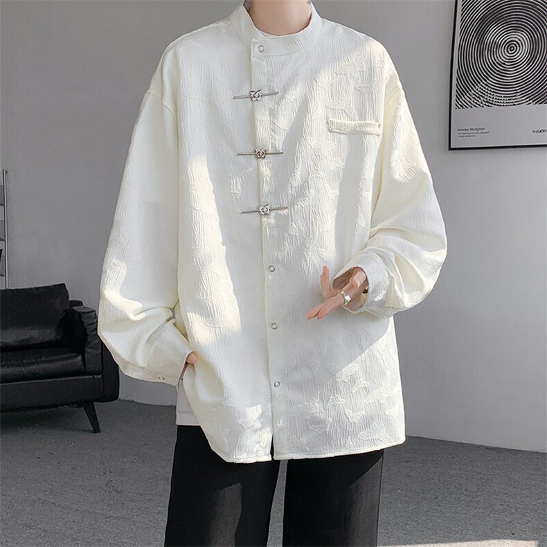 8XL-M特大码新中式蝴蝶扣暗纹长袖衬衫男复古装小众唐装CS509P55图片