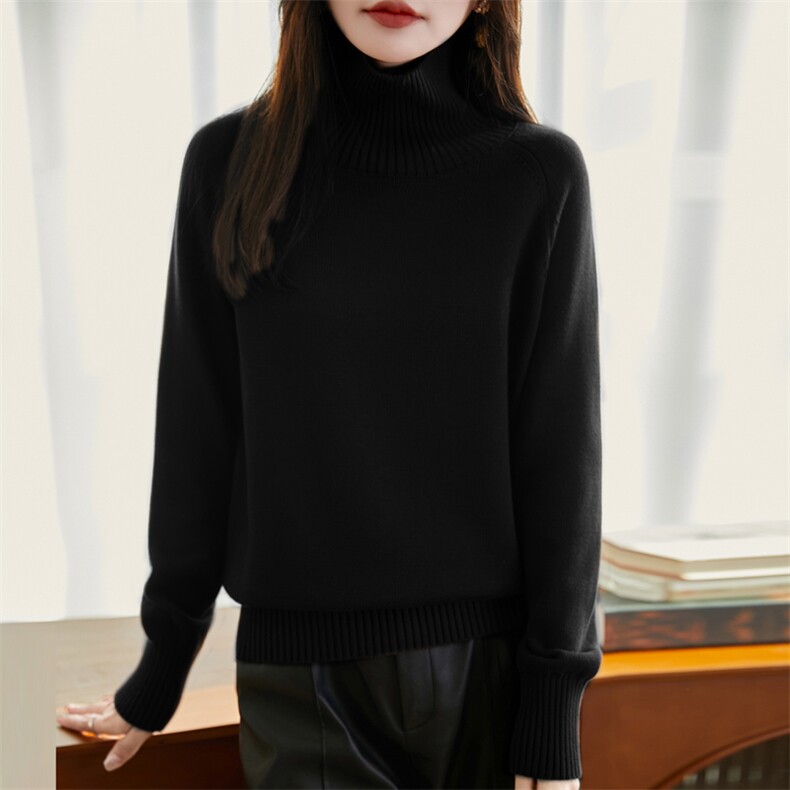 简约风高领100纯棉针织毛衣女宽松舒适25秋冬加厚保暖内搭打底衫,针织衫/毛衣,彩羽羊绒