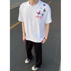 美式高街蝴蝶字母刺绣短袖t恤女夏季宽松高级情侣款潮牌纯棉上衣，男装T恤，四季星座505