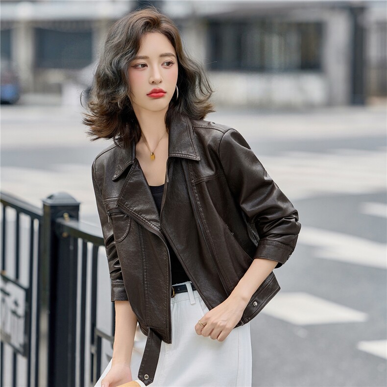 时尚机车范西装领皮衣外套女2025秋季新款小个子短款百搭夹克上衣,女装皮衣,梦依缘