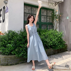 法式温柔无袖连衣裙2025新款女夏仙女收腰孕妇度假风高级吊带长裙，女装连衣裙，纯色衣恋