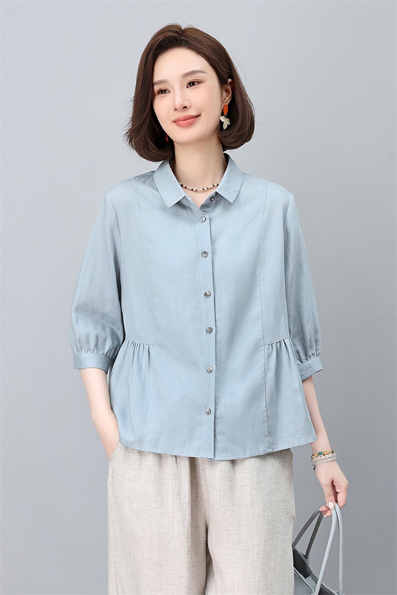 天丝亚麻衬衫女夏季薄款2025新款棉麻上衣休闲洋气妈妈款高贵小衫,女装衬衫,忆绮罗