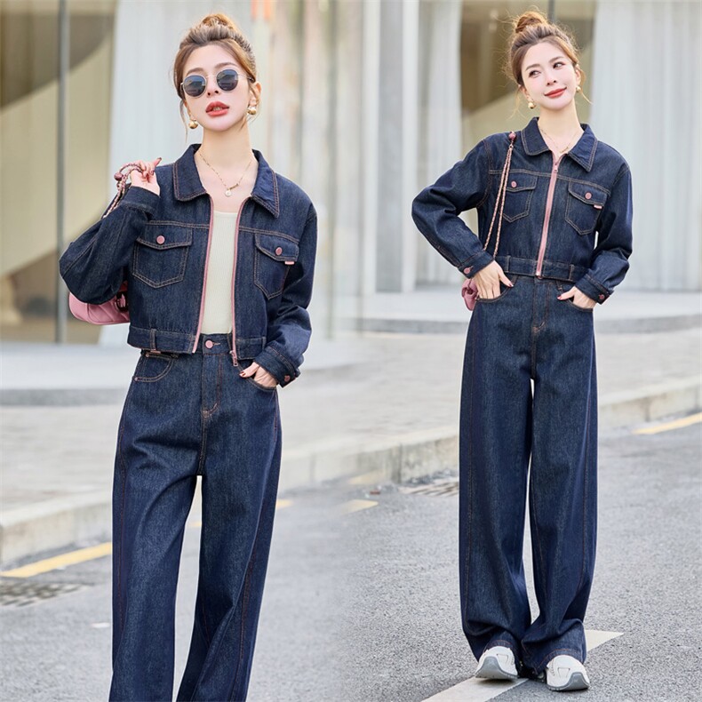 牛仔套装女2025春秋新款韩系高级感超火休闲洋气减龄阔腿裤两件套,女装套装/套裙,浪花E族（衣布洛）