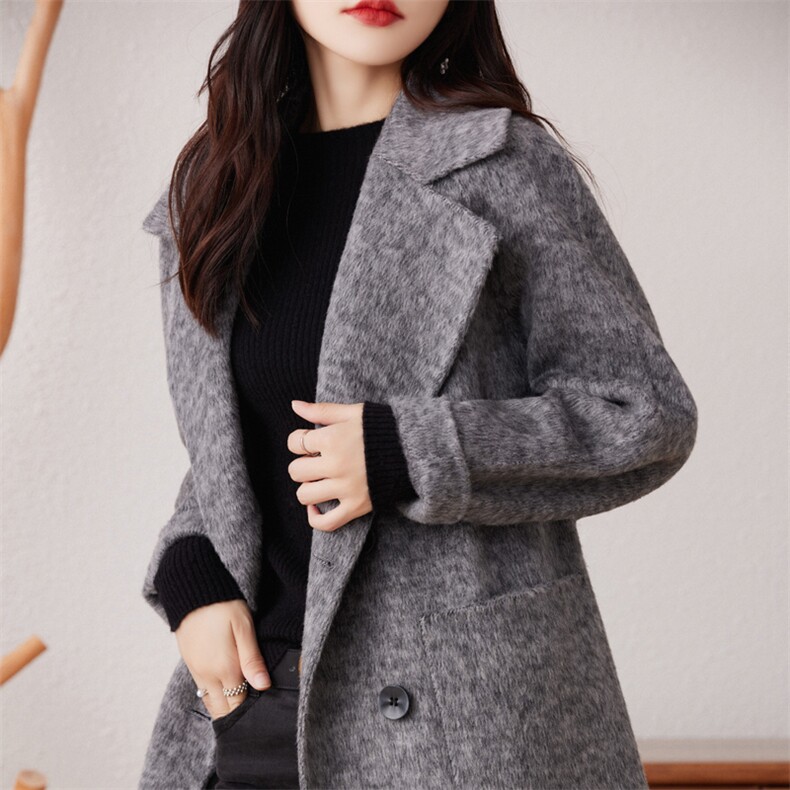 新款加厚双面羊毛绒大衣女中长款双排扣宽松韩版羊绒呢子外套,女装双面呢大衣,贝源羊绒