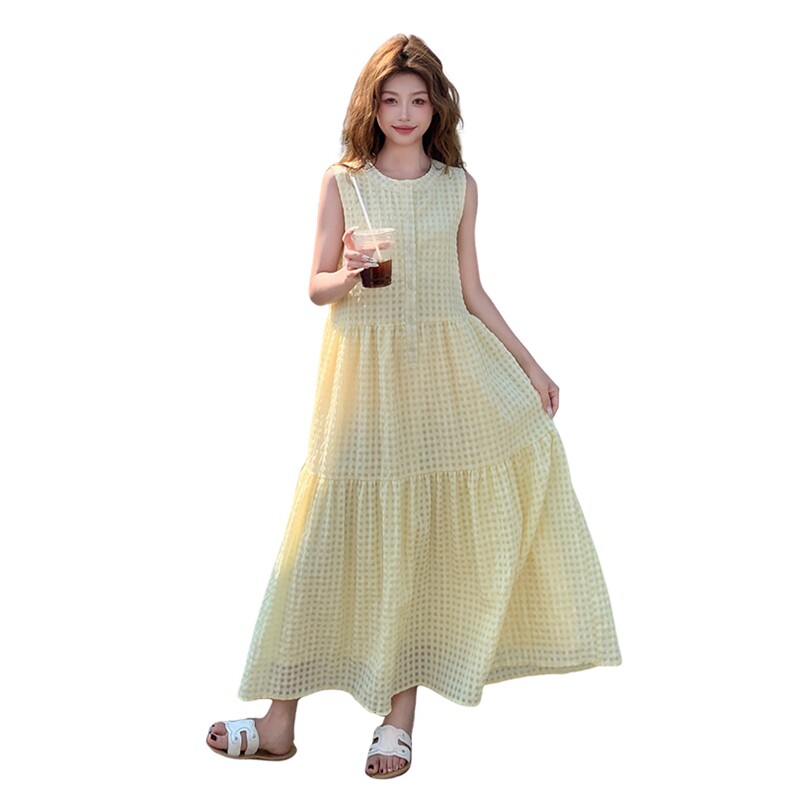 肌理感黄色格子无袖连衣裙女夏2025新款温柔风法式浪漫背心裙爆款,女装连衣裙,2C125