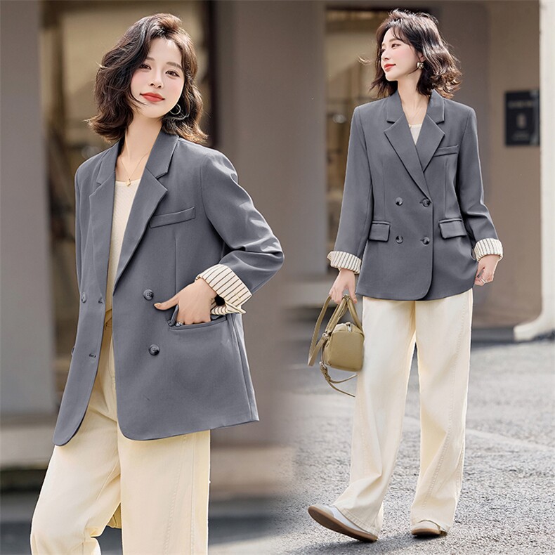 高级感时尚拼接西装外套女2025春季新款洋气百搭双排扣小西服上衣,女装西装,天丝秀