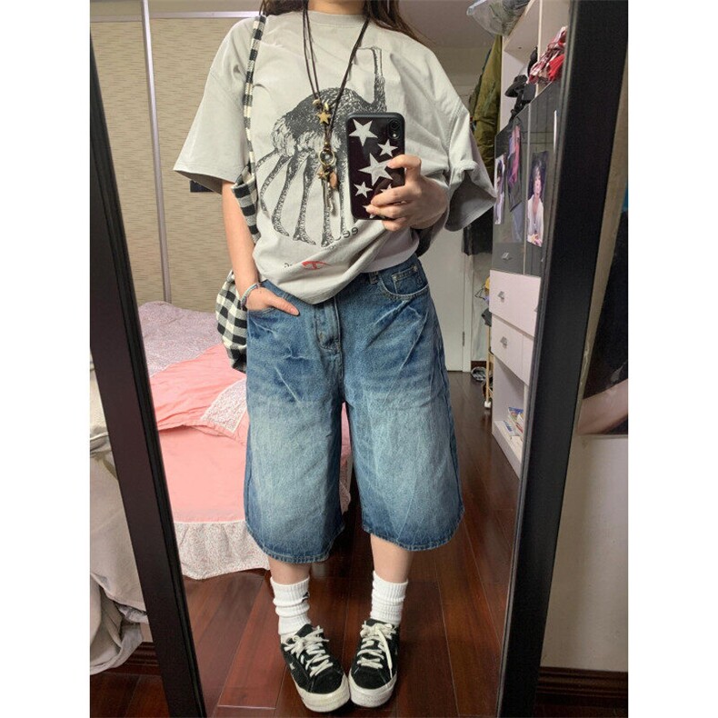 DK421LL-特P52美式复古闪电纹短裤男高级感七分裤，男装牛仔裤，星座1007（原301D）