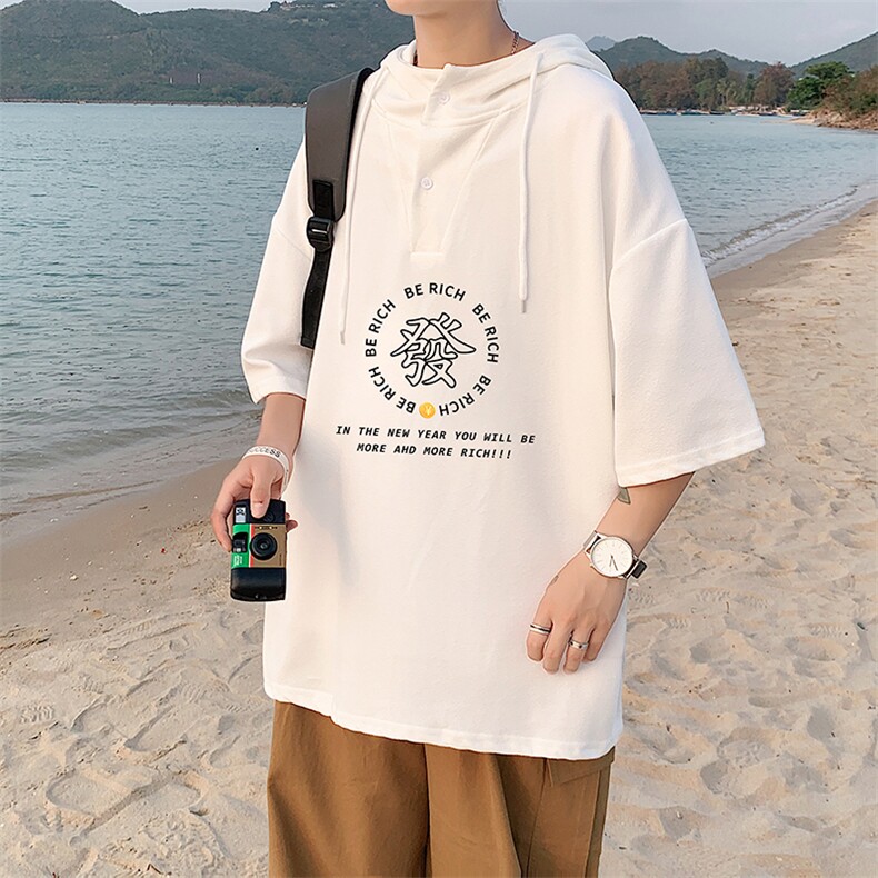 LD54163-P45连帽短袖t恤男大码胖子带帽五分袖中袖,男装T恤,电商A040