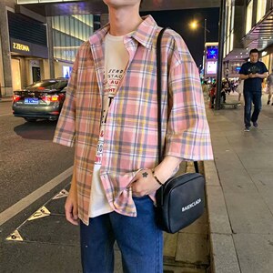 C323格子短袖衬衫百搭小清新文艺衬衣潮蓝色调翻领防晒衫外套学生,男装衬衫,星座115A(原星座507）