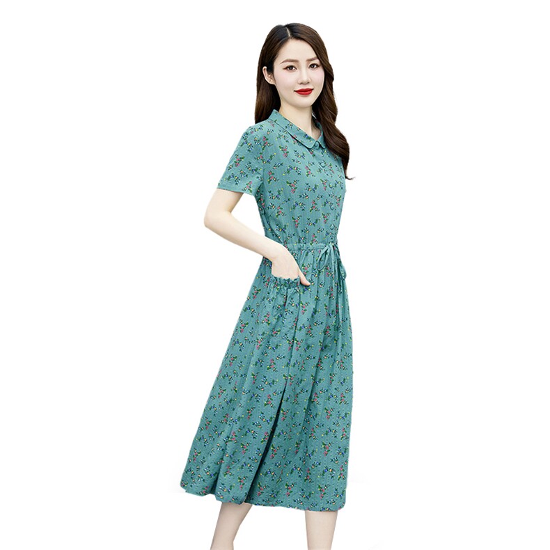 高档棉麻连衣裙女夏季2025新款短袖气质收腰显瘦减龄碎花衬衫裙子,女装连衣裙,倪叶myz