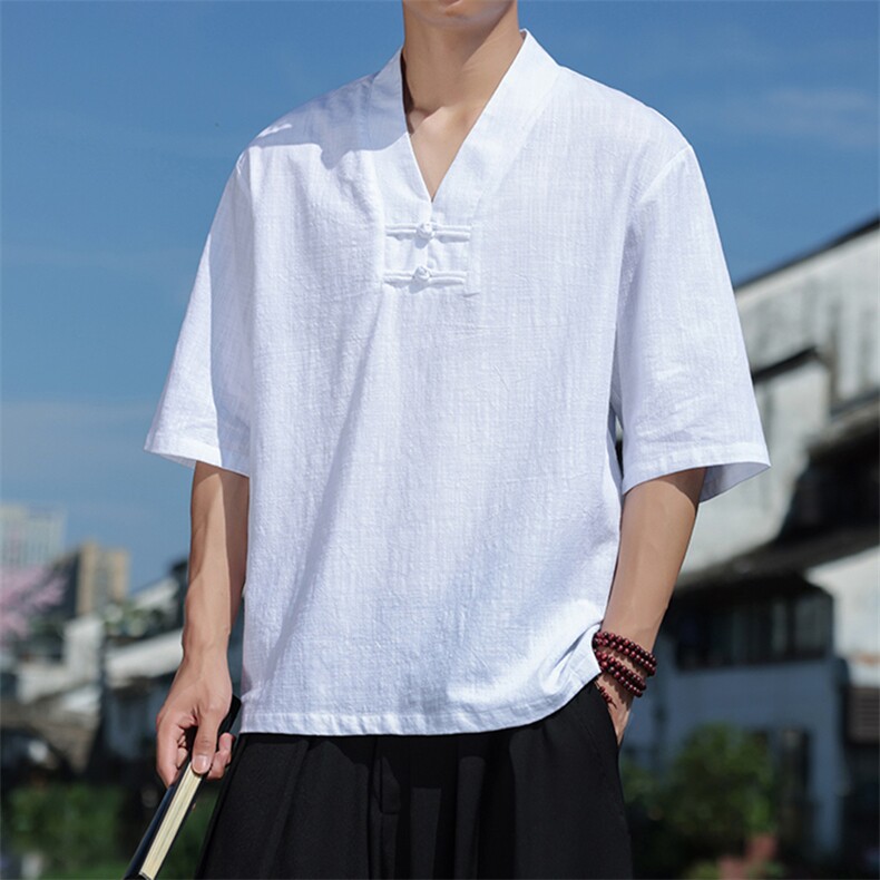 男士大码棉麻透气短袖体恤2025夏季风纯色五分袖上衣T82-P50,男装T恤,电商A008