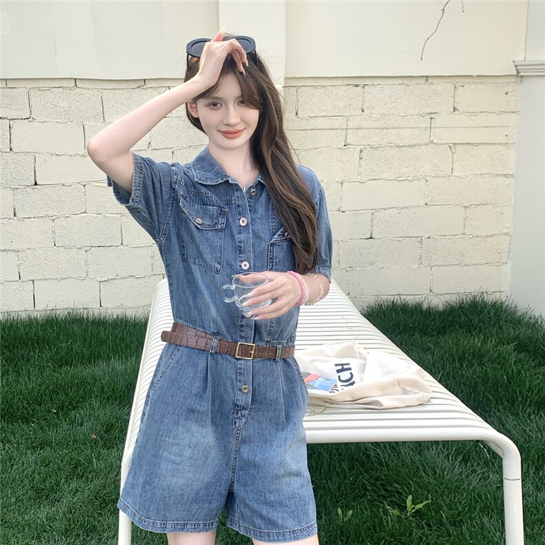 牛仔工装连体短裤女2023夏季新款小个子高腰显瘦气质阔腿连衣裤子,女装连体裤,2D076