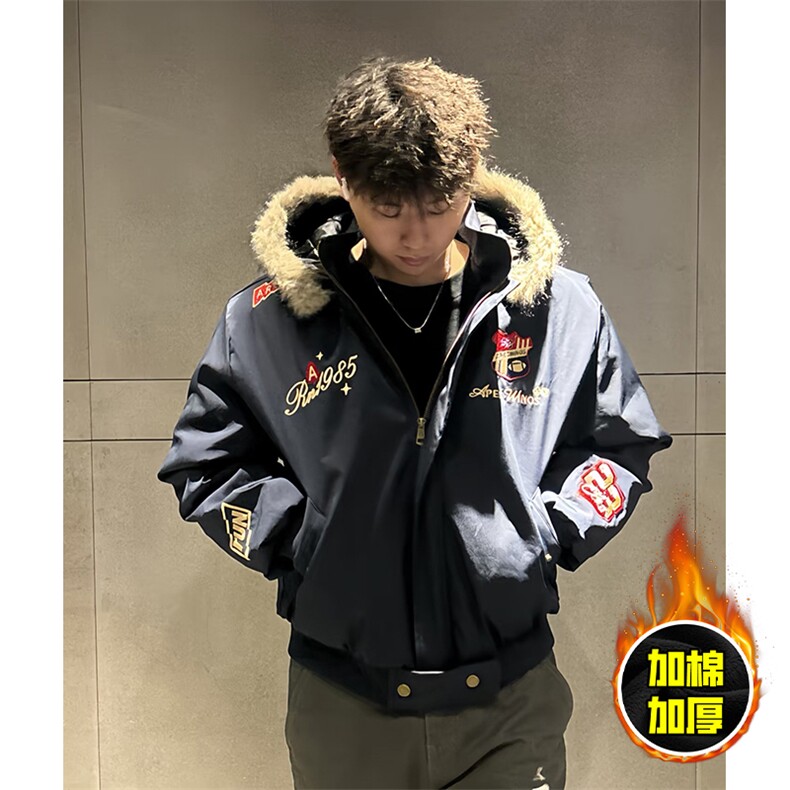 现货高品质美式高街重磅刺绣座山雕大毛毛领棉衣男女加厚棉服外套，男装棉衣，电商A486