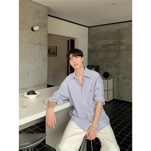 衬衫男长袖港风日系薄款宽松秋季高级条纹潮ins休闲衬衣男士外套图片
