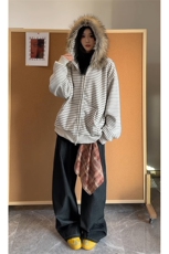 可拆卸毛领加绒卫衣慵懒风撞色条纹百搭男女DZ51214-TP80168，男装卫衣，电商A102