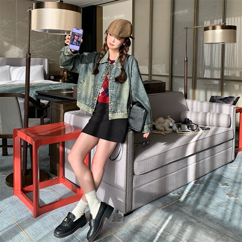 宽松慵懒风复古牛仔外套女2024春秋新款美式休闲显瘦工装夹克上衣,女装牛仔外套,纯色衣恋