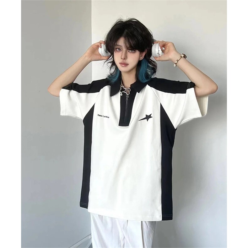 得物抖音240克纯棉印花美式POLO翻领潮中性风短袖T恤AT4401图片