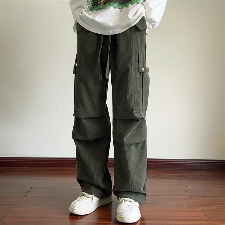 新款灯芯绒大口袋褶皱工装裤男拖地裤K1167特P35K1167J加绒特P40,男装工装外套,电商A001
