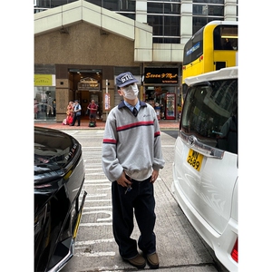 网图 美式复古秋新款半开领polo领灰色卫衣男女宽松高街 特批48图片