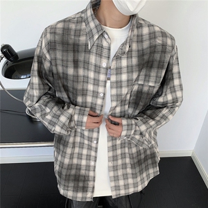 CS1386 2025秋季复古衬衫男脏染格子衬衣外套oversize宽松情侣图片