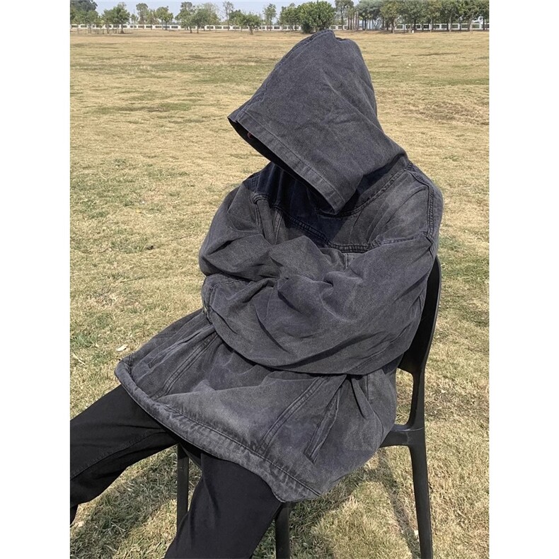 水洗做旧连帽卫衣男女春季美式街头ins潮牌宽松复古痞帅牛仔帽衫,男装卫衣,星座1210-1